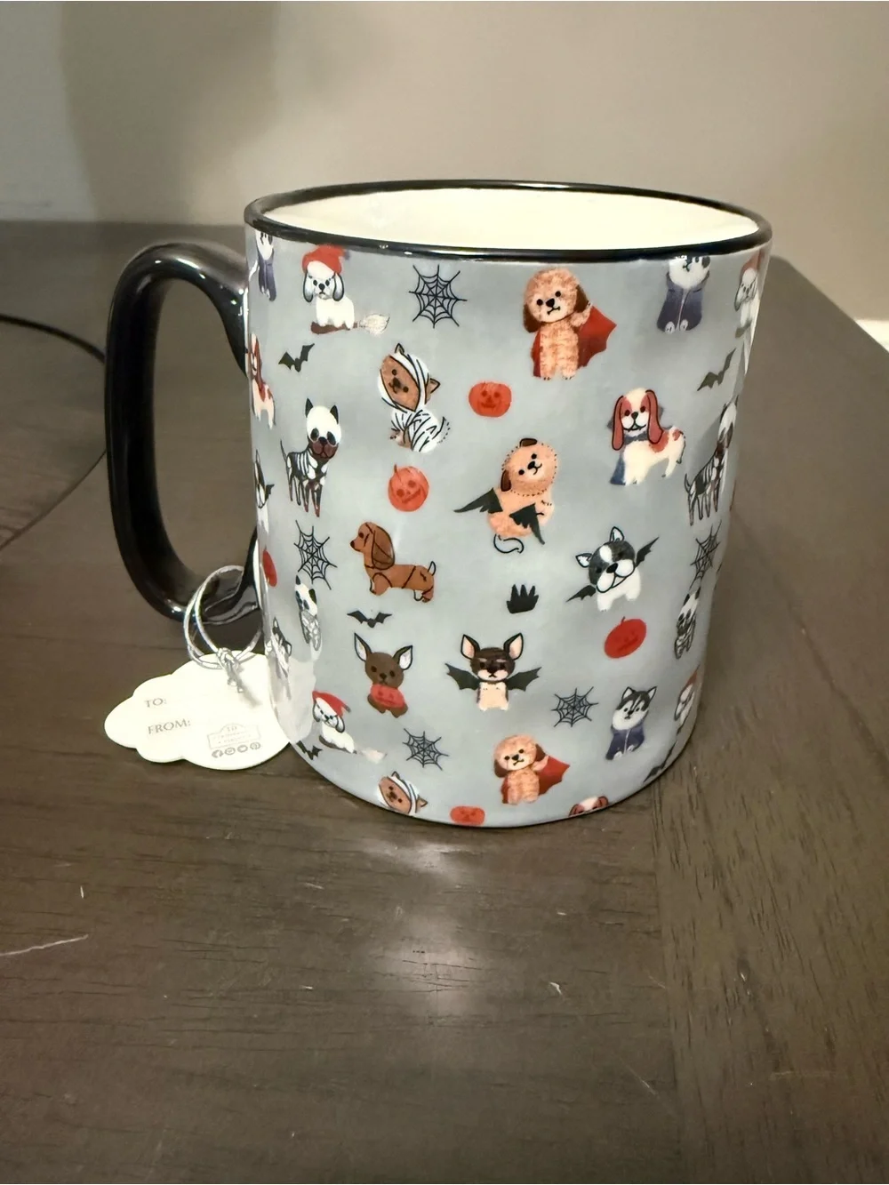 NWT Halloween Cute Dog Pattern Ceramic Mug in Light Gray with Black Handle